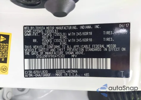 2017 Toyota Highlander Xle из США, поврежденный, VIN 5TDJZRFH1HS415302